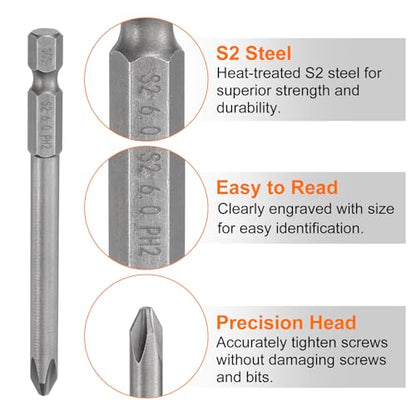HARFINGTON 5pcs #2 Phillips Screwdriver Bit PH2 1/4" Hex Shank 3.15" (80mm) Long Magnetic S2 Steel Industrial Grade Screw Driver Bit Cross Head Electric Drill Bits 0.236" (6mm) Rod - size: PH2 x 80mm x 6mm