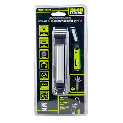 POWERSMITH Rechargeable Magnetic Work Light 600 LM Magnetic Light with Flood, Spot, UV Modes, and USB Output (PILB600UV) | 600/200 Lm, 395nm Uv, Foldable and Rotatable, 3.7V 2ah Battery, USB Out 5v/1a, Magnetic Base, 3-4 Hr Run