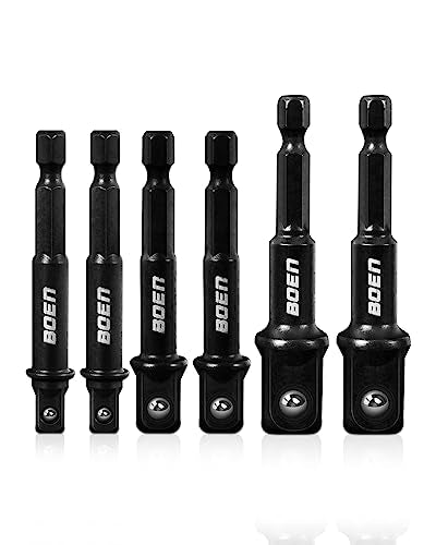 BOEN Impact Grade Socket Adapter Set, 6-PCS Drill Bit Adapter with Bit Holder, Sizes 1/4", 3/8", 1/2", 1/4-Inch SAE Hex Shank, Cr-V with Black Phosphate Finish - size: 6PCS SAE (UPGRADE)
