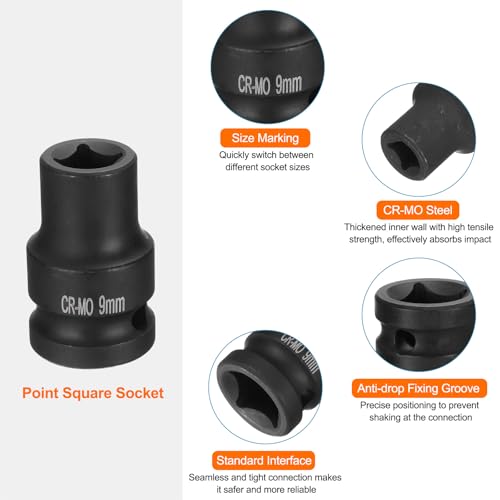 HARFINGTON 2pcs 4 Point Square Socket 1/2" Drive 9mm Metric Square Impact Socket CR-MO Blackening Standard Wheel Sockets Pneumatic Socket Tool for Auto Repair Mechanical Maintenance Home Use - size: 9mm