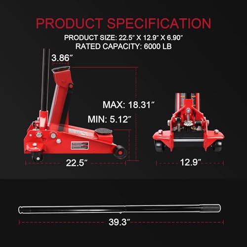 Big RED 3-Ton Heavy Duty Hydraulic Floor Jack, Dual Pump Quick Lift with Low Profile Design, 6600LBS Capacity for All Terrain Vehicles,Red