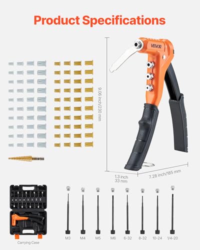 VEVOR Rivet Nut Tool Kit, 9-Inch One-Handed Rivnut Tool Kit, with 8 Mandrels, a Step Drill Bit and 80 Nuts, Metric and SAE Size M3, M4, M5, M6, 6-32, 8-32, 10-24, 1/4-20 UNC, with a Carrying Case - size: 9", style: RIVET NUT TOOL