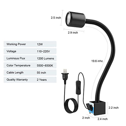 LED Machine Light with Strong Magnetic Base and Flexible Gooseneck for Lathe and Drill Press, 1200 Lumens, 12W 120V
