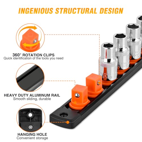 GOOACC Magnetic Socket Organizer 1/4" 3/8" 1/2" Socket Holder Set with 40 360° Swivel Clips Heavy Duty Aluminum Socket Rail Organizer for Tool Box Drawer, 3 Pieces Drive Magnetic Socket Rails Holders - size: Rail Magnetic 3PC 1/4"3/8"1/2"Orange Red Yellow