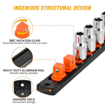 GOOACC Magnetic Socket Organizer 1/4" 3/8" 1/2" Socket Holder Set Heavy Duty Aluminum Socket Rail Organizers for Tool Box Drawer, 6 Pieces Magnetic Socket Rails Holds 80 Swivel Clips Orange Red Yellow - size: Rail Magnetic 6PC 1/4"3/8"1/2"Orange Red Yello