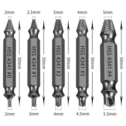 Damaged Screw Extractor Set, 5-Piece HSS 4341 Drill Bit Kit, Sizes #0-#4, Dual-Ended Design, for Stripped, Broken, and Rusty Screws, Grey Industrial Finish with Storage Cas