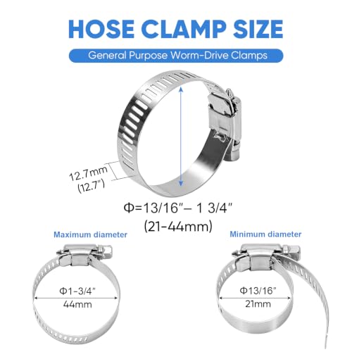 TICONN 12PCS Hose Clamp Set - 13/16''–1 3/4'' 304 Stainless Steel Worm Gear Hose Clamps for Pipe, Intercooler, Plumbing, Tube and Fuel Line (21–44 mm) - size: SAE #16 12PCS 13/16''~1-3/4"