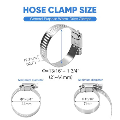 TICONN 12PCS Hose Clamp Set - 13/16''–1 3/4'' 304 Stainless Steel Worm Gear Hose Clamps for Pipe, Intercooler, Plumbing, Tube and Fuel Line (21–44 mm) - size: SAE #16 12PCS 13/16''~1-3/4"