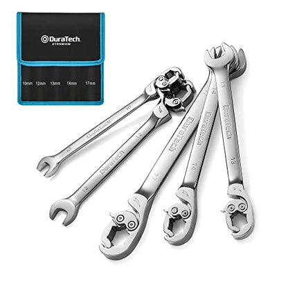 DURATECH 5-Piece Ratcheting Flare Nut Wrench Set, Metric | 10mm, 12mm, 13mm, 14mm, 17mm, CR-V Steel, Open End Wrench, Organizer Pouch Included