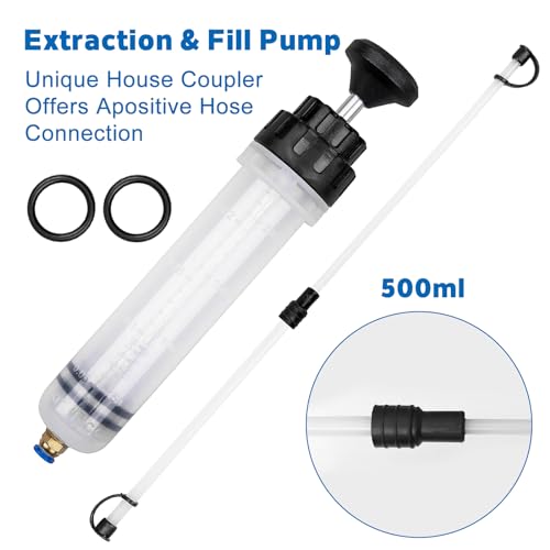 Fluid Extractor Pump with Hose, Manual Fluid Extractor/Fill Pump for Car Fluid Transfer, Lower Unit Gear Oil Pump for Standard Quart Bottles, 3/8" Metal Swivel, 8mm and 10mm Adapters (500CC + 8CC)