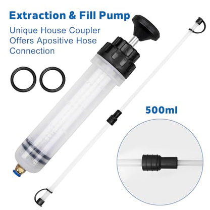 Fluid Extractor Pump with Hose, Manual Fluid Extractor/Fill Pump for Car Fluid Transfer, Lower Unit Gear Oil Pump for Standard Quart Bottles, 3/8" Metal Swivel, 8mm and 10mm Adapters (500CC + 8CC)