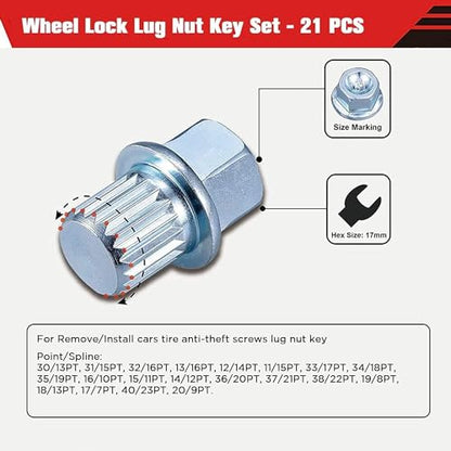 21PCS Wheel Lock Removal Kit, BMW Wheel Lock Key Automotive Wheel Anti-Theft Lock Lug Nut Screw Remover Key Socket Tool Set with 1/2 inch (12.7mm) Socket Adapter Compatible for BMW & Mini Series