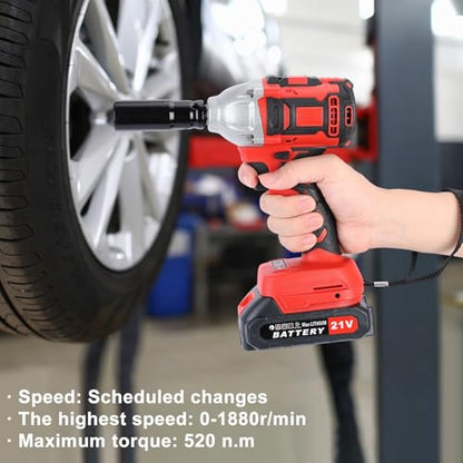 21V Cordless Impact Wrench, Battery-Powered Impact Driver with 520N.m Torque, Brushless Motor, 2 Batteries, 5 Sockets, Accessories, Power Tool for Lugs Nut Removal, Car Repairs, Home Projects Red