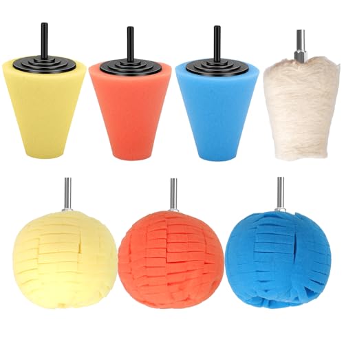 Linkstyle 7PCS Car Wheel Hub Drill Buffing Sponge Pads Kit, 1/4" Cone Metal Buffer Pads Polishing Kit Foam Polishing Balls Wheel Polishing Kit for Drills