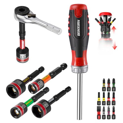 Geinxurn 19 Pieces Ratcheting Screwdriver Set and Socket Wrench Set, Mini Rachet Wrench, Rachet Screwdriver Handle and Nut Driver with 12 Pcs Impact Screwdriver Bit, Hand Tools Set for Repair DIY - style: RM019-B-US