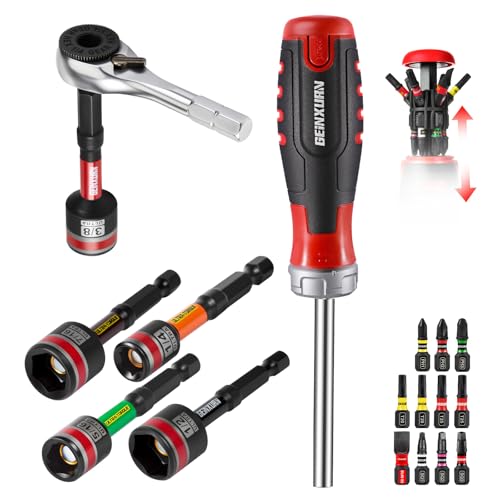 Geinxurn 19 Pieces Ratcheting Screwdriver Set and Socket Wrench Set, Mini Rachet Wrench, Rachet Screwdriver Handle and Nut Driver with 12 Pcs Impact Screwdriver Bit, Hand Tools Set for Repair DIY - style: RM019-B-US