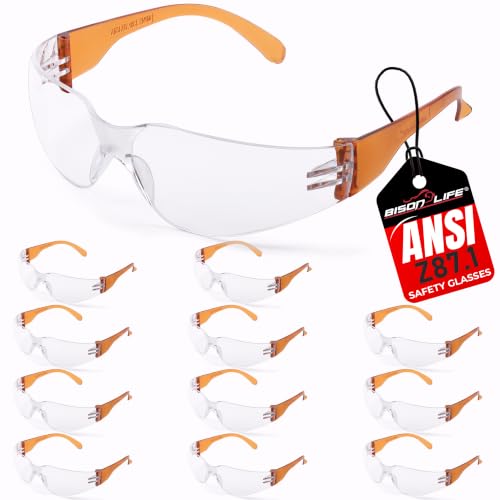 BISON LIFE Clear Safety Glasses – ANSI Z87.1 Certified Scratch & Impact Resistant Eye Protection Goggles for Men & Women - color: Clear/Orange