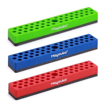 Mayouko 3PCS 1/4" Magnetic Hex Bit Holder Rack Organizer, 129 Holes, 1/4-Inch Drill Bit Holder, 3 Racks, Magnetic Bit Holder with Magnet Base for Screwdriver Bits - color: Red,blue,green