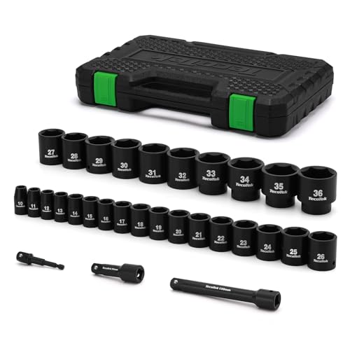 TecoTek 30 Pieces 1/2-Inch Drive Shallow Metric Impact Socket Set, Cr-Mo, 10mm to 36mm, No Skipped Sizes, 6 Point, Includes Extension Bars, Drill Socket Adapter 1/2" - size: 1/2" Dr. 30pcs Shallow Impact Socket