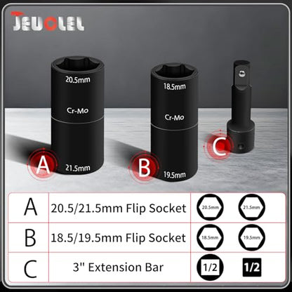3PCS 1/2" Drive Flip Lug Nut Impact Socket Set, Half Sizes Lug Nut Socket Kit with 18.5/19.5mm 20.5/21.5mm & 3" Extension Bar, Dual-End Thin Wall Nut Socket, Double Sided Lug Nut Extractor