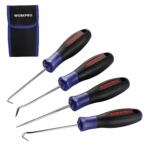 WORKPRO 4-Piece Precision Pick and Hook Set with Pouch, Angled Pick, Straight Pick, 90-degree Pick, Full Hook, Mini Pick Set Mechanic, Remove Small Fuses, Wire Plugs and "O" Rings, Gunsmith Tools
