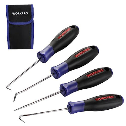 WORKPRO 4-Piece Precision Pick and Hook Set with Pouch, Angled Pick, Straight Pick, 90-degree Pick, Full Hook, Mini Pick Set Mechanic, Remove Small Fuses, Wire Plugs and "O" Rings, Gunsmith Tools
