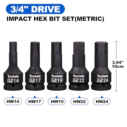 Toolwiz 3/4 Inch Drive Impact Hex Bit Set, 5-Piece Metric 14mm-24mm, Cr-Mo | One-Piece Construction, Impact Grade, Professional Automotive Impact Bit Socket Set, Heavy Duty PVC Storage Case - size: 3/4" Drive (0.55"-0.94")