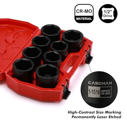 CASOMAN 1/2-Inch Drive Shallow Spindle Axle Nut Impact Socket Set,1-9/16" to 2", 6-Point, SAE, CR-MO, 8 Piece 1/2" Heavy Duty Impact Socket Set - size: 8PCS(1-9/16 Inch - 2 Inch), style: Shallow