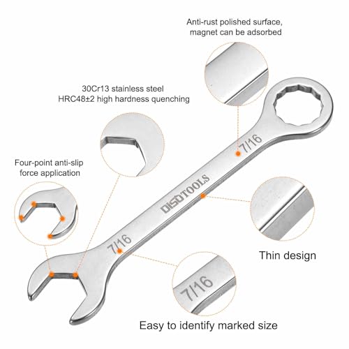 HARFINGTON 2pcs Thin Combination Wrench 7/16" Offset 6-Point Ended Box & 15° Angled Open End Mini Combination Wrench 30Cr13 Stainless Steel Quenching Polish Metric Spanner for Auto Repairs - size: 7/16"