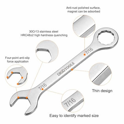 HARFINGTON 2pcs Thin Combination Wrench 7/16" Offset 6-Point Ended Box & 15° Angled Open End Mini Combination Wrench 30Cr13 Stainless Steel Quenching Polish Metric Spanner for Auto Repairs - size: 7/16"