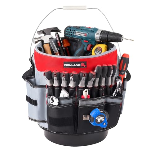 IRONLAND Bucket Tool Organizer Fit 3.5-5 Gallon Bucket, 64 Pockets, Bucket Tool Caddy Organization for Garden, Construction, Carpenter, Electrician, Builder red - color: Red, size: updated model