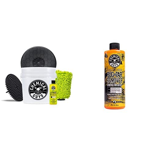 Chemical Guys CWS_104_16BK Car Wash Detailing Bucket, Mitt & Accessories Bundle (6 Items) Featuring Concentrated Bug and Tar Remover Car Wash Soap, 16 oz - for Cars, Trucks, SUVs, RVs & More - size: 16 Fl Oz (Pack of 1), style: SOAP + Kit