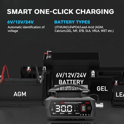 30-Amp Battery Charger for Lithium LiFePo4 Lead Acid Deep Cycle (AGM/Gel), 6V/12V/24V Battery Charger & Maintainer, Trickle Charger for Car Truck Motorcycle Lawn Mower Marine