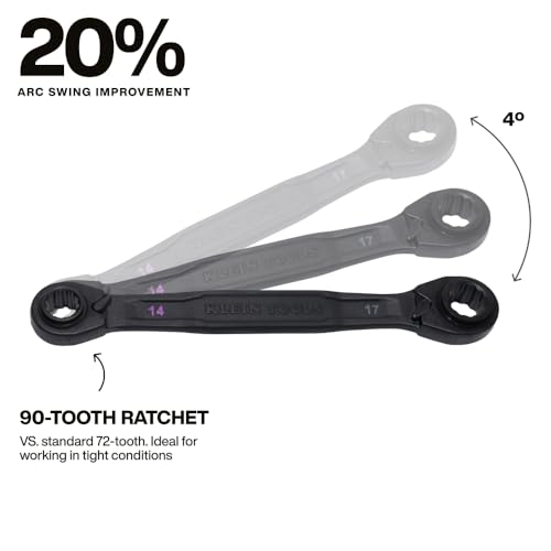 KLEIN TOOLS 68216M 4-in-1 Reversible Ratchet Wrenches Set, 2-Piece, Eight Metric Hex Sizes, 8mm x 10mm, 12mm x 13mm, 14mm x 15mm, and 17mm x 19mm Box Wrench Set, 90-Tooth Ratchet, Pass-Through Design