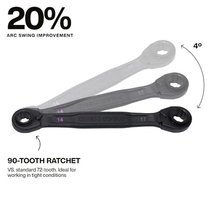 KLEIN TOOLS 68216M 4-in-1 Reversible Ratchet Wrenches Set, 2-Piece, Eight Metric Hex Sizes, 8mm x 10mm, 12mm x 13mm, 14mm x 15mm, and 17mm x 19mm Box Wrench Set, 90-Tooth Ratchet, Pass-Through Design
