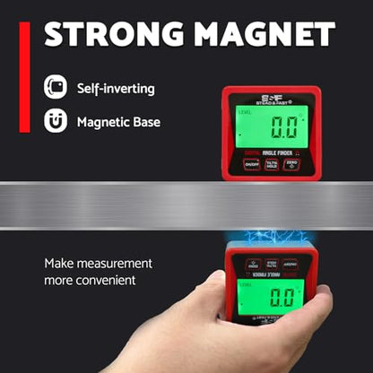 S&F STEAD & FAST Digital Angle Finder Magnetic with Case & Backlit LCD | Self-inverting display, ±0.2° accuracy, Absolute & Relative, Hold & Zero, Auto-off, for Woodworking, Plumbing & Construction - color: Red