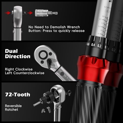 1/4" Drive Click Torque Wrench Set 3-25 N.m/2.21-18.43 Ft.lb, 15-Piece Bike Torque Wrench Kit for MTB & Cycling Maintenance with 8/10mm Brake Cable Wrench, Bits, Card - size: 15pcs Bike Torque Wrench Set