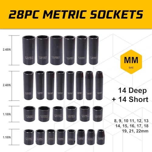 3/8'' Cr-V 6 Point Drive Impact Socket Set, 50-Piece Standard SAE (5/16 to 3/4 inch) and Metric (8-22mm) Size, 3/8-Inch Ratchet Handle, Extension Bar, Universal Joint