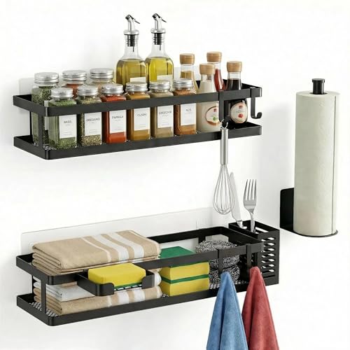 PUSDON 5-in-1 16.5" Extra Long Kitchen Organizer & Shower Caddy Set, Wall Mount Spice Rack with Paper Towel Holder, Utensil Holder & Soap Dish, Rustproof Mesh - Matte Black, Guardrail - color: Matte Black, size: 5-in-1 Minimalist (16.5" Extra Long)