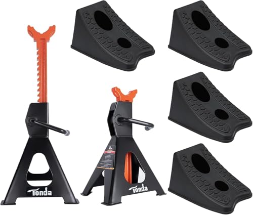 TONDA Jack Stands 3 Ton 1 Pair and Wheel Chocks 4 Pack