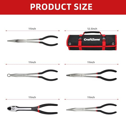 5-Piece Long Needle Nose Pliers Set, 90-Degree Long-Reach Hose Clamp Pliers for Automotive Repair and Mechanical Maintenance, High Hardness Carbon Steel, Durable Precision Hand Tools