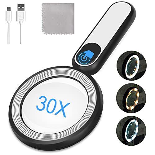 Rechargeable Magnifying Glass with Light, 30X 4.7IN Handheld Large Lightweight Lighted Magnify Len 21 LED 3 Modes Illuminated Book Magnifier forSenior,Reading,Inspection,Coin,JewelryChristmasGift - color: Black+white