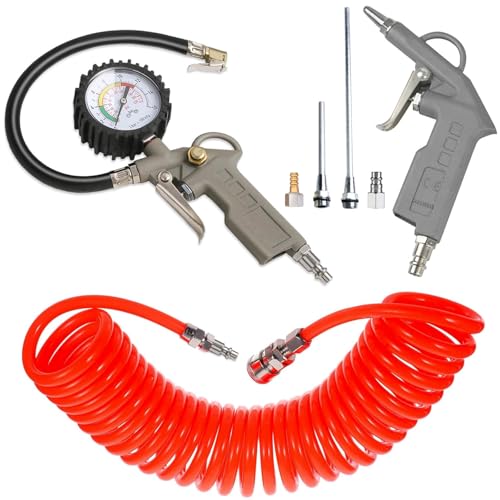 7-Piece Multi-Purpose Air Compressor Accessory Kit, Air Blow Gun and Extendable Air Nozzles, 5 Meter Long PU Air Hose, 100PSI Tire Pressure Gauge with Inflator, 1/4" NPT Air Coupler