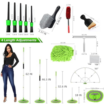 62" Car Wash Brush Kit 20Pcs - Chenille Microfiber Wash Mop Mitt Interior/Exterior Cleaning Detail Brush Wheel Brush Windshield Window Squeegee for Cars RV Truck Boat