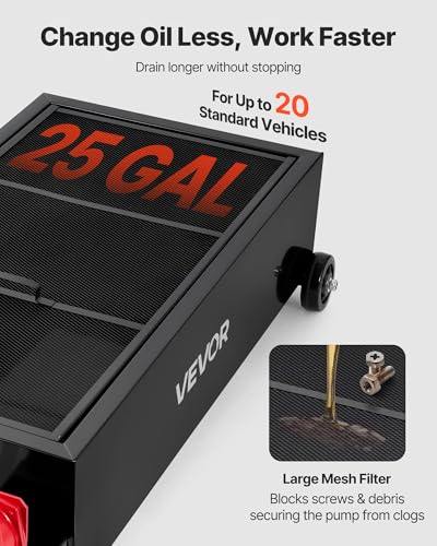 VEVOR Low Profile Oil Drain Pan, 25 Gallon Capacity, Rolling Oil Drain Pan with Manual Pump, 7.2 ft Hose & T Folding Handle, Leak-Proof & Corrosion-Resistant, Fit for Cars, SUVs, Trucks, ATVs, Black - size: 25 Gallon