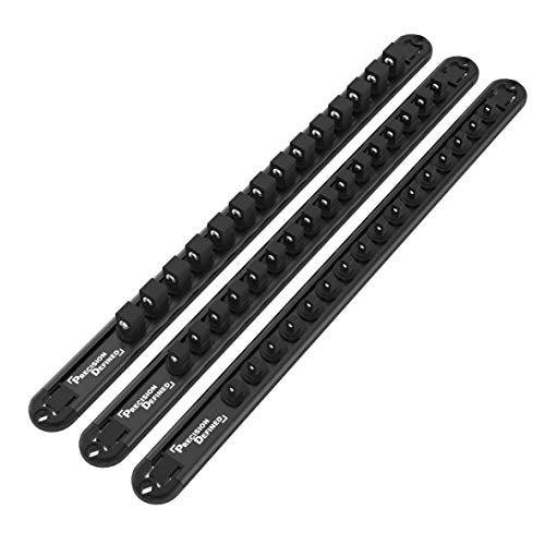 Precision Defined Aluminum Tool Socket Holder 3-Piece Set | Black, 1/4-Inch x 16 Clips, 3/8-Inch x 16 Clips, 1/2-Inch x 14 Clips | 360 Rotation - Heavy Duty Socket Rails Organizer, Socket Storage - color: Black