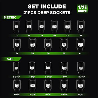 TecoTek 1/2" Drive Deep 6-Point Impact Socket Set, 21-Piece Spindle Axle Nut Impact Socket Set, CR-MO, SAE (1-1/16-Inch to 1-5/8-Inch) and Metric (27mm to 41mm) - size: 1-1/16-Inch to 1-5/8-Inch (21 pieces)