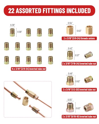 25 ft 3/16in Copper Coated Brake Line Flaring Tool Kit, Includes 3-in-1 Tube Bender, Double & Single Flaring Tool Set, 1 Tube Cutter, 2 Threads Unions, 20 Fittings - color: 3/16 in Copper Coated