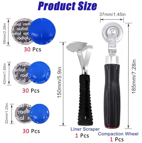 92 Pcs Tire Repair Patch Tools Kit,Tire Patches Kit 32mm 42mm 58mm | Round Natural Rubber Tire Patch Automotive Tire Repair Kits with Tire Patch Roller Liner Scraper for Truck Bike Motorcycle