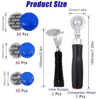 92 Pcs Tire Repair Patch Tools Kit,Tire Patches Kit 32mm 42mm 58mm | Round Natural Rubber Tire Patch Automotive Tire Repair Kits with Tire Patch Roller Liner Scraper for Truck Bike Motorcycle